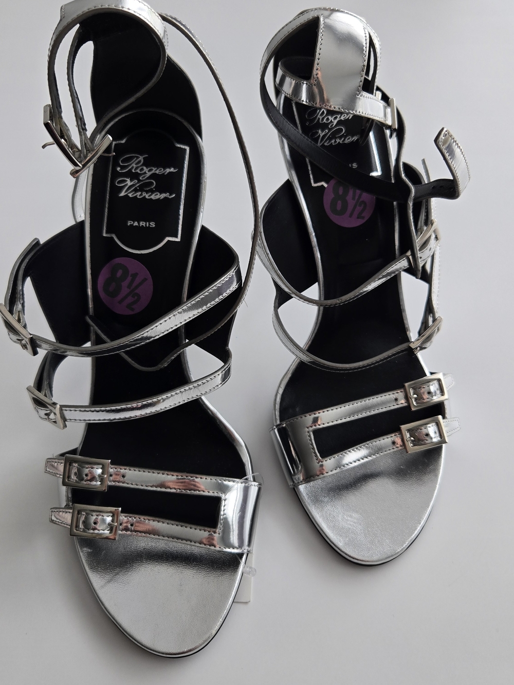 Roger Vivier Metallic Silver Multi-Strap Heeled Sandals